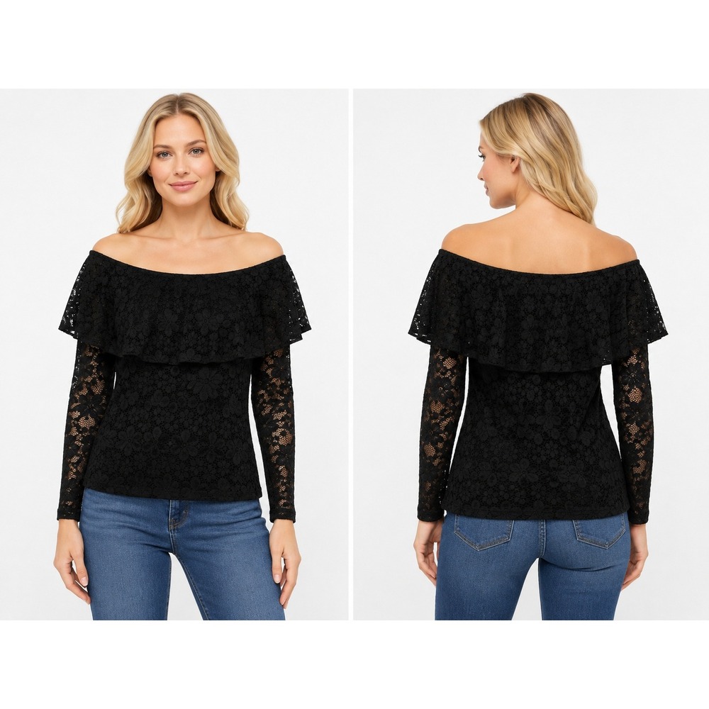 Black Lace Top Small Off Shoulder Ruffle Floral Whimsygoth Fairy Party Date Boho